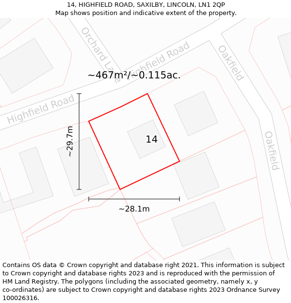 14, HIGHFIELD ROAD, SAXILBY, LINCOLN, LN1 2QP: Plot and title map