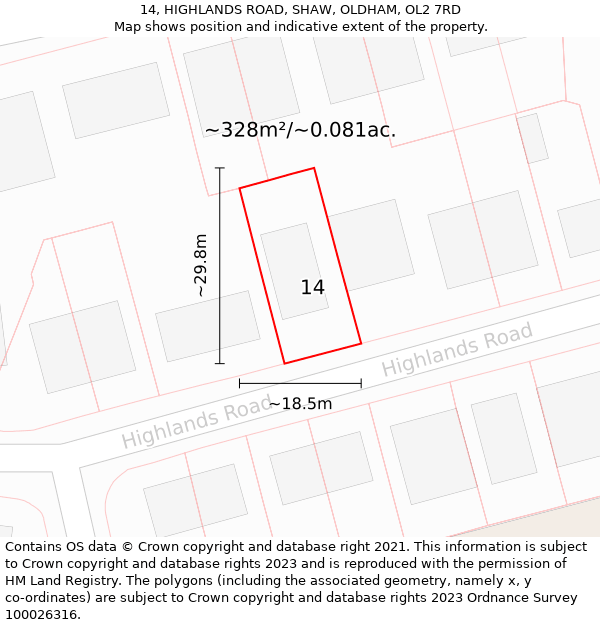 14, HIGHLANDS ROAD, SHAW, OLDHAM, OL2 7RD: Plot and title map