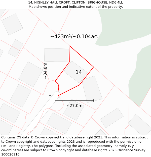 14, HIGHLEY HALL CROFT, CLIFTON, BRIGHOUSE, HD6 4LL: Plot and title map