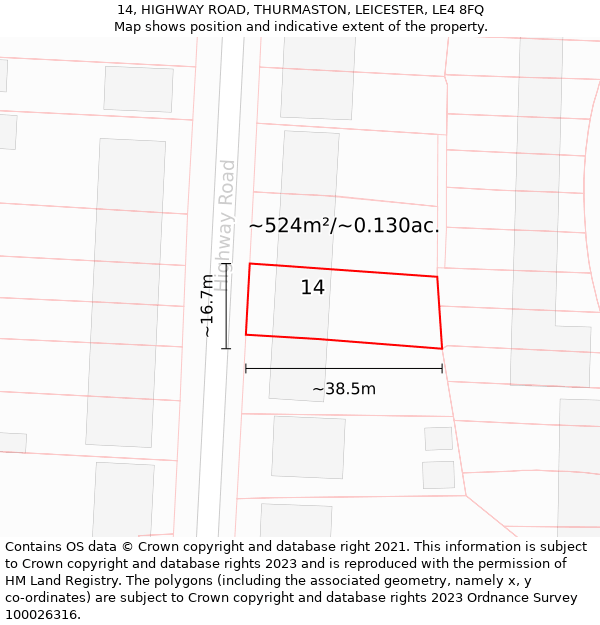 14, HIGHWAY ROAD, THURMASTON, LEICESTER, LE4 8FQ: Plot and title map