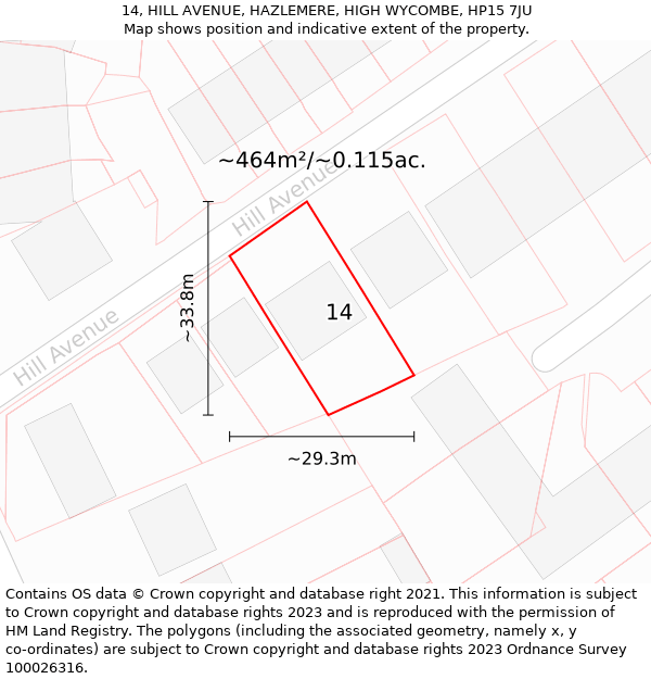 14, HILL AVENUE, HAZLEMERE, HIGH WYCOMBE, HP15 7JU: Plot and title map