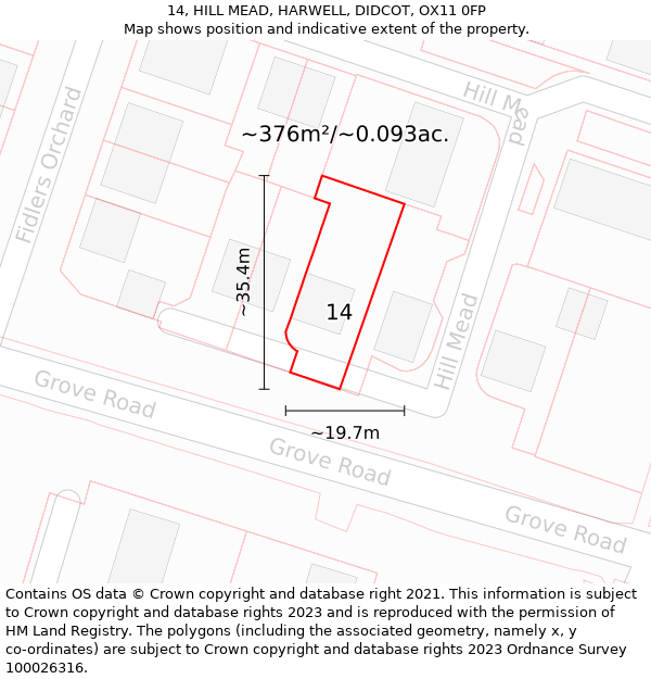 14, HILL MEAD, HARWELL, DIDCOT, OX11 0FP: Plot and title map