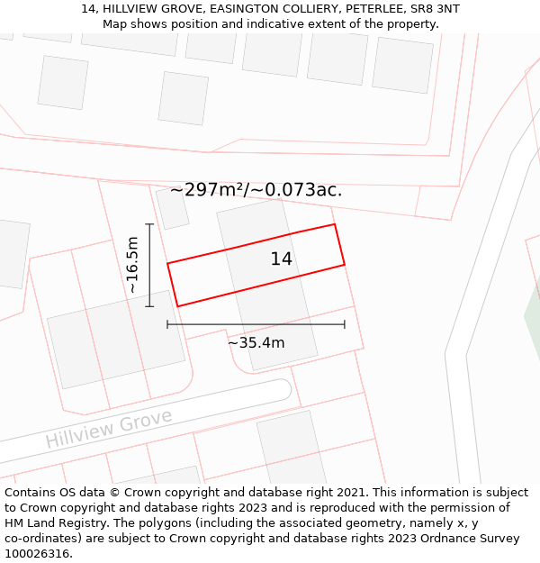 14, HILLVIEW GROVE, EASINGTON COLLIERY, PETERLEE, SR8 3NT: Plot and title map