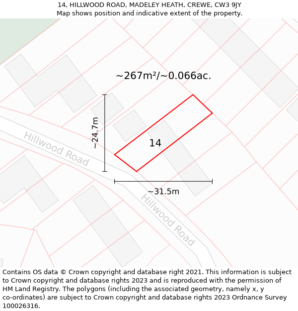 14, HILLWOOD ROAD, MADELEY HEATH, CREWE, CW3 9JY: Plot and title map