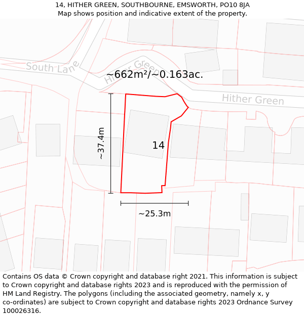 14, HITHER GREEN, SOUTHBOURNE, EMSWORTH, PO10 8JA: Plot and title map