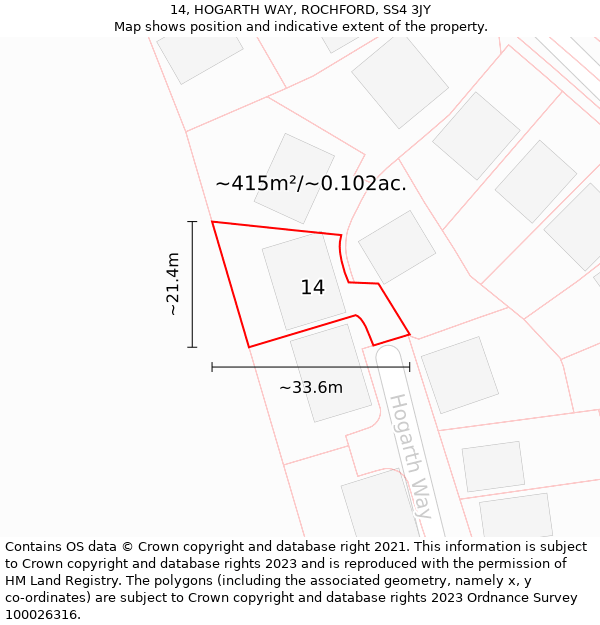 14, HOGARTH WAY, ROCHFORD, SS4 3JY: Plot and title map