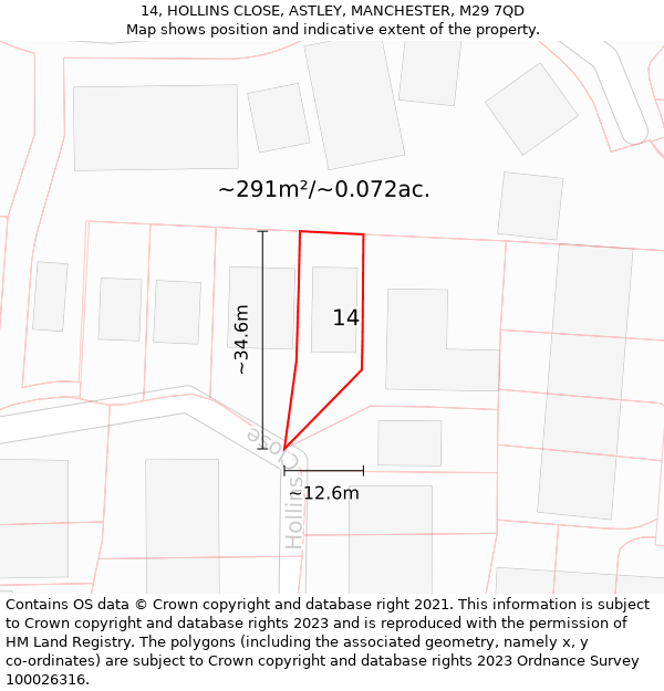 14, HOLLINS CLOSE, ASTLEY, MANCHESTER, M29 7QD: Plot and title map