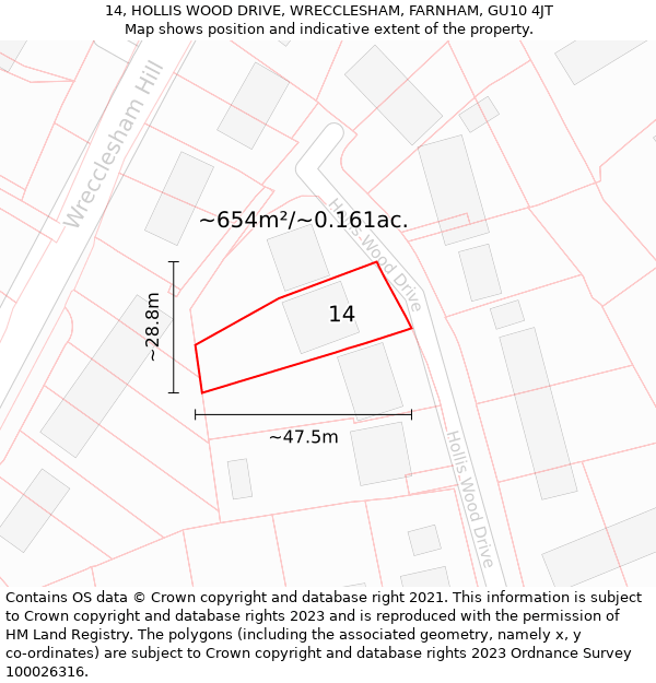 14, HOLLIS WOOD DRIVE, WRECCLESHAM, FARNHAM, GU10 4JT: Plot and title map