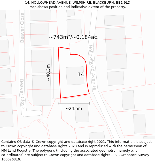 14, HOLLOWHEAD AVENUE, WILPSHIRE, BLACKBURN, BB1 9LD: Plot and title map