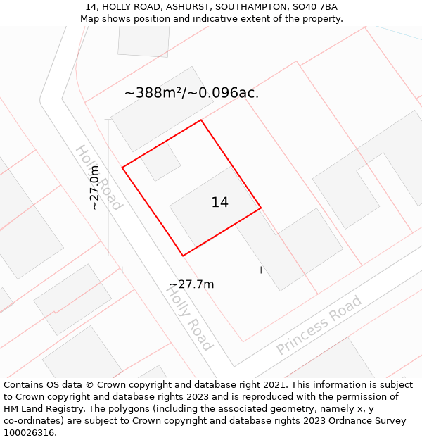 14, HOLLY ROAD, ASHURST, SOUTHAMPTON, SO40 7BA: Plot and title map