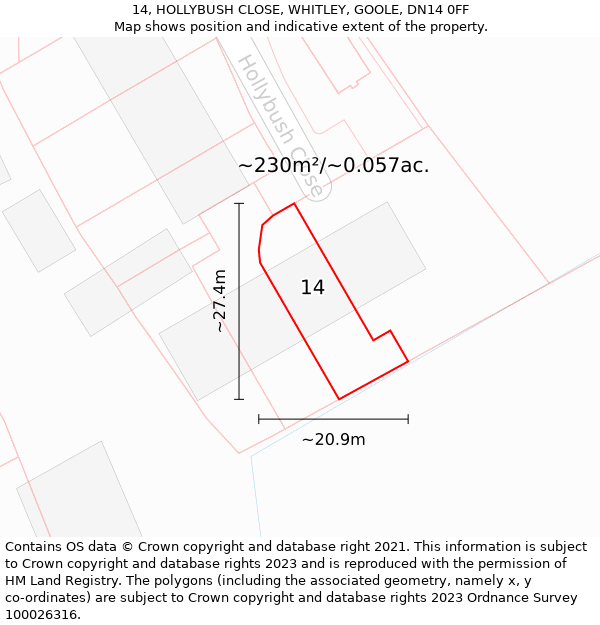 14, HOLLYBUSH CLOSE, WHITLEY, GOOLE, DN14 0FF: Plot and title map