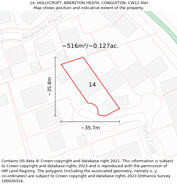 14, HOLLYCROFT, BRERETON HEATH, CONGLETON, CW12 4SH: Plot and title map