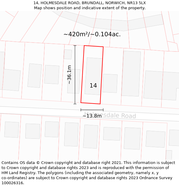 14, HOLMESDALE ROAD, BRUNDALL, NORWICH, NR13 5LX: Plot and title map