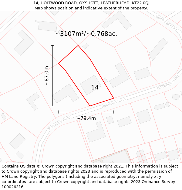 14, HOLTWOOD ROAD, OXSHOTT, LEATHERHEAD, KT22 0QJ: Plot and title map