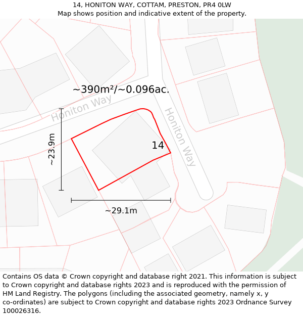 14, HONITON WAY, COTTAM, PRESTON, PR4 0LW: Plot and title map