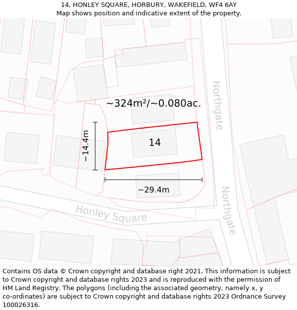 14, HONLEY SQUARE, HORBURY, WAKEFIELD, WF4 6AY: Plot and title map