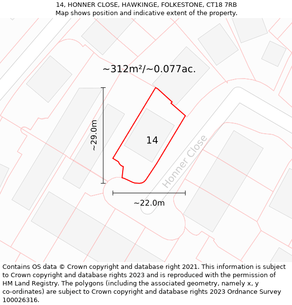 14, HONNER CLOSE, HAWKINGE, FOLKESTONE, CT18 7RB: Plot and title map