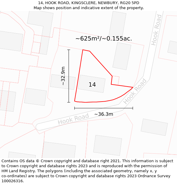 14, HOOK ROAD, KINGSCLERE, NEWBURY, RG20 5PD: Plot and title map