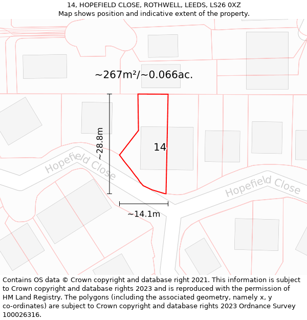 14, HOPEFIELD CLOSE, ROTHWELL, LEEDS, LS26 0XZ: Plot and title map