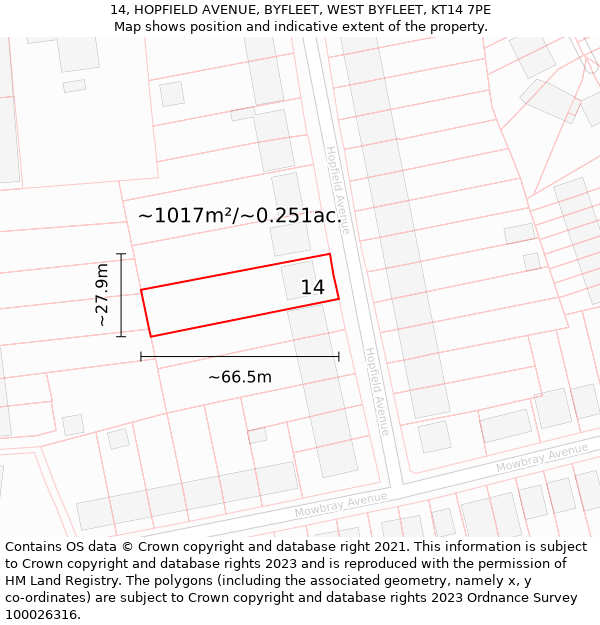 14, HOPFIELD AVENUE, BYFLEET, WEST BYFLEET, KT14 7PE: Plot and title map