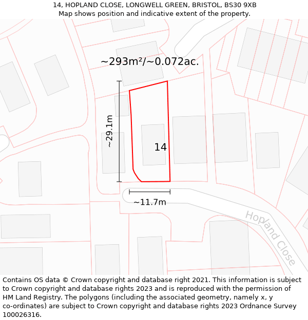 14, HOPLAND CLOSE, LONGWELL GREEN, BRISTOL, BS30 9XB: Plot and title map