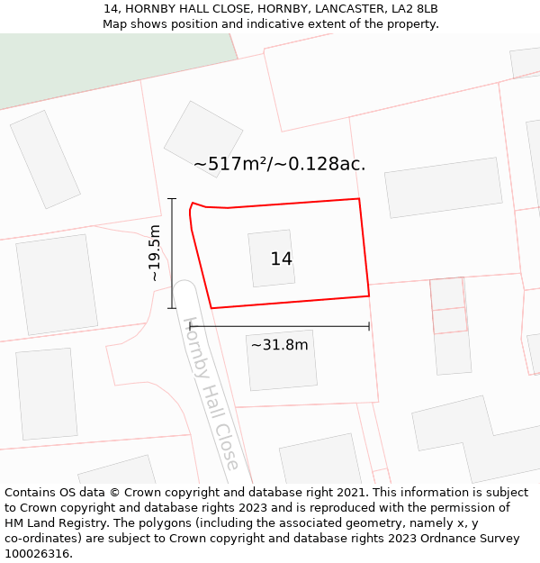 14, HORNBY HALL CLOSE, HORNBY, LANCASTER, LA2 8LB: Plot and title map