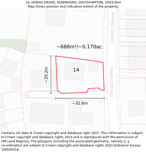 14, HORNS DROVE, ROWNHAMS, SOUTHAMPTON, SO16 8AH: Plot and title map