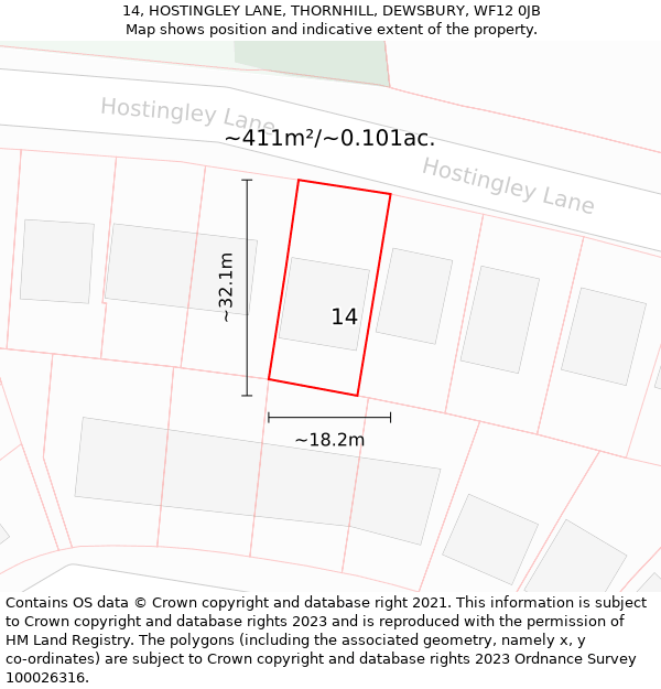 14, HOSTINGLEY LANE, THORNHILL, DEWSBURY, WF12 0JB: Plot and title map