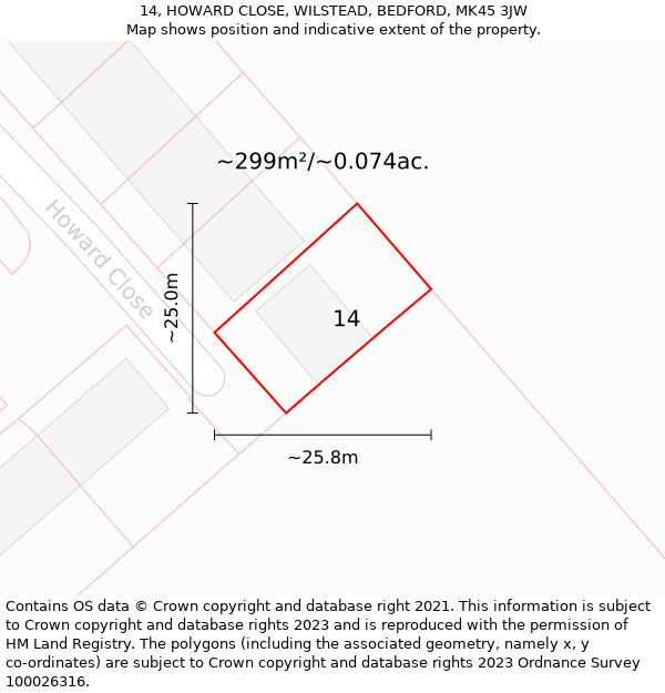 14, HOWARD CLOSE, WILSTEAD, BEDFORD, MK45 3JW: Plot and title map