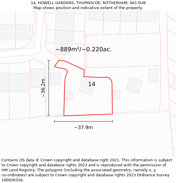 14, HOWELL GARDENS, THURNSCOE, ROTHERHAM, S63 0UB: Plot and title map