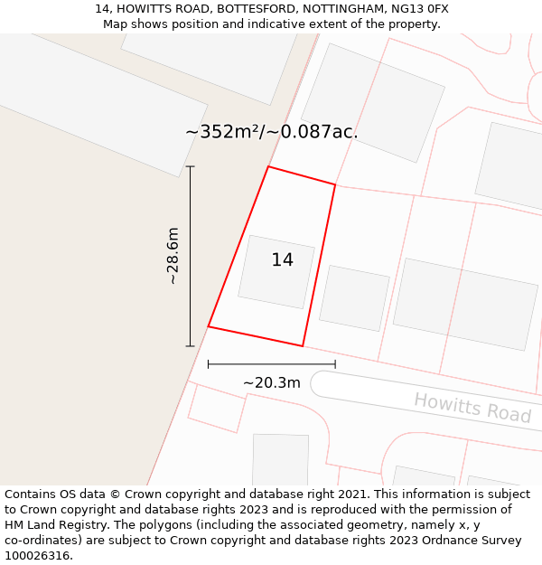 14, HOWITTS ROAD, BOTTESFORD, NOTTINGHAM, NG13 0FX: Plot and title map