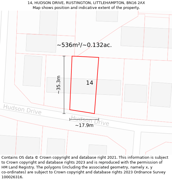 14, HUDSON DRIVE, RUSTINGTON, LITTLEHAMPTON, BN16 2AX: Plot and title map