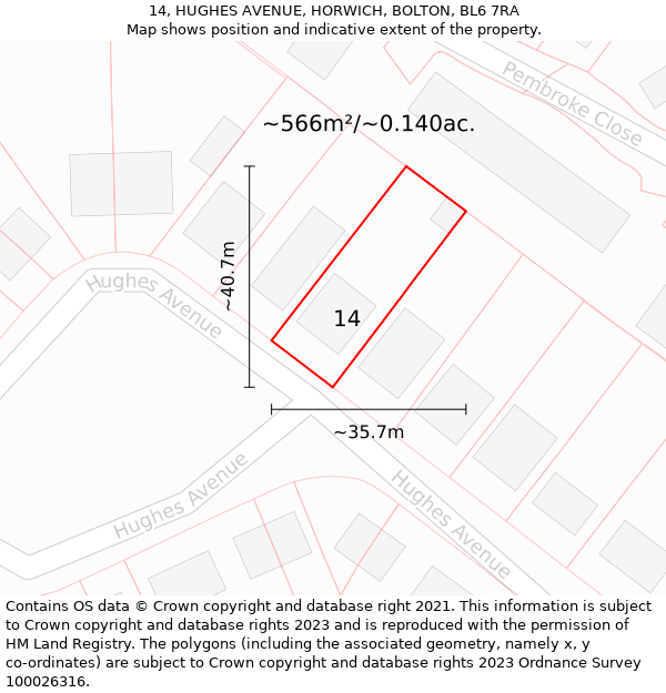 14, HUGHES AVENUE, HORWICH, BOLTON, BL6 7RA: Plot and title map