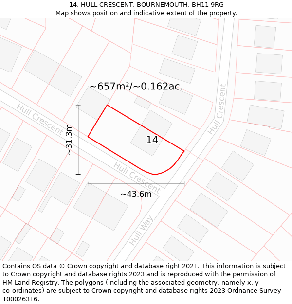 14, HULL CRESCENT, BOURNEMOUTH, BH11 9RG: Plot and title map
