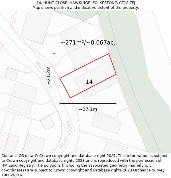 14, HUNT CLOSE, HAWKINGE, FOLKESTONE, CT18 7FJ: Plot and title map