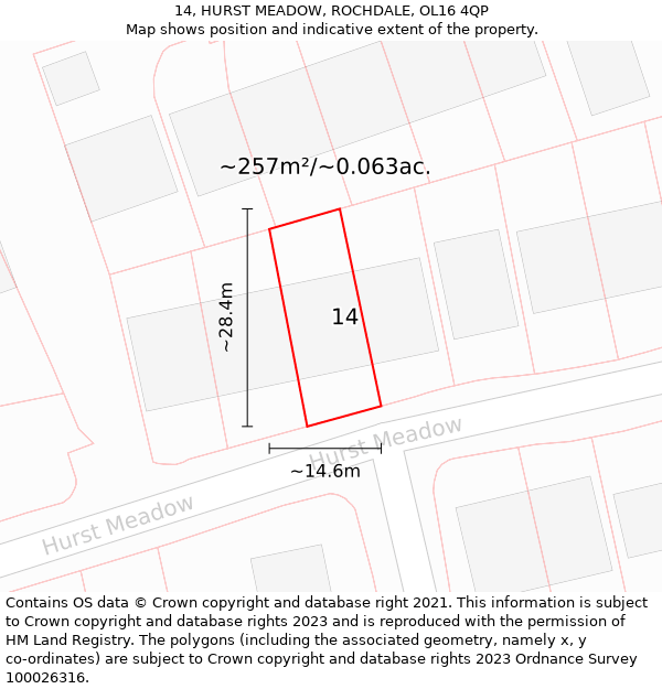 14, HURST MEADOW, ROCHDALE, OL16 4QP: Plot and title map