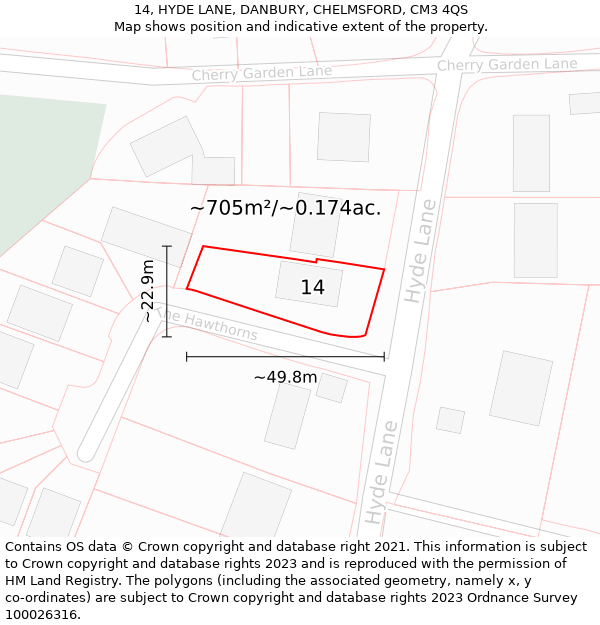 14, HYDE LANE, DANBURY, CHELMSFORD, CM3 4QS: Plot and title map