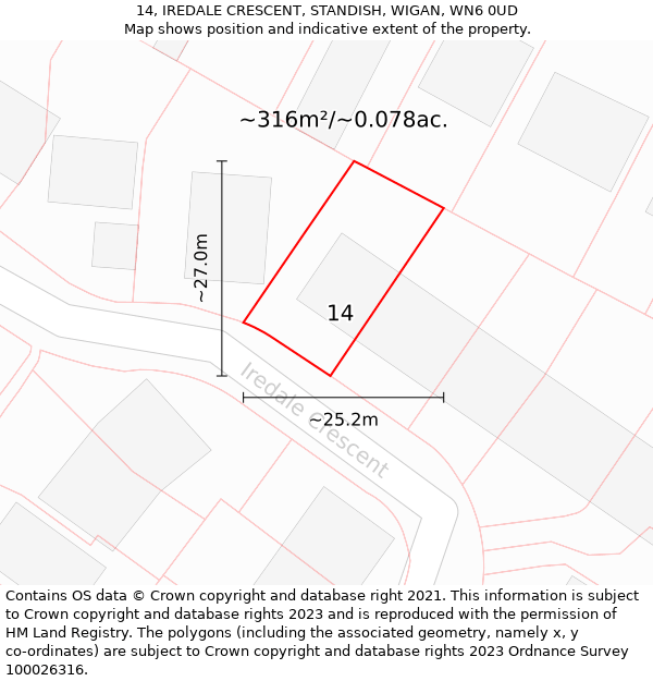 14, IREDALE CRESCENT, STANDISH, WIGAN, WN6 0UD: Plot and title map