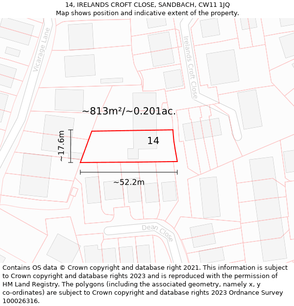 14, IRELANDS CROFT CLOSE, SANDBACH, CW11 1JQ: Plot and title map