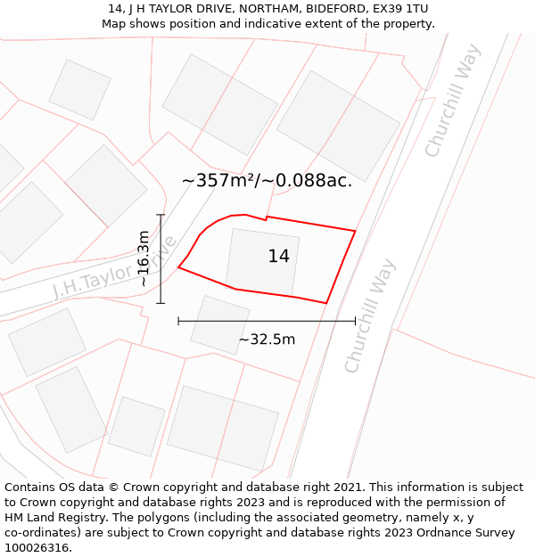 14, J H TAYLOR DRIVE, NORTHAM, BIDEFORD, EX39 1TU: Plot and title map