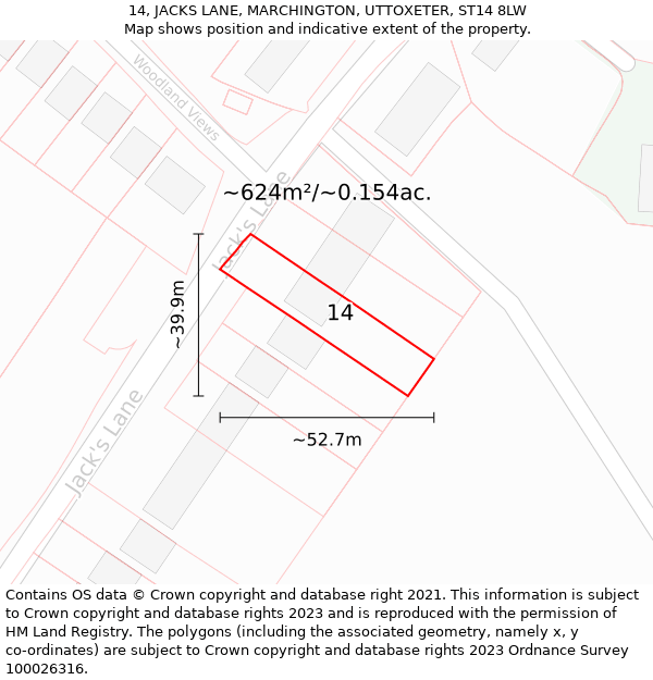 14, JACKS LANE, MARCHINGTON, UTTOXETER, ST14 8LW: Plot and title map