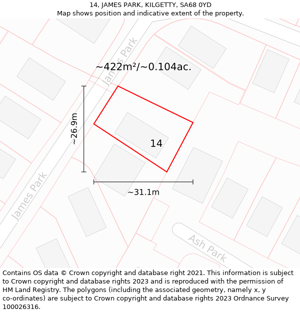 14, JAMES PARK, KILGETTY, SA68 0YD: Plot and title map