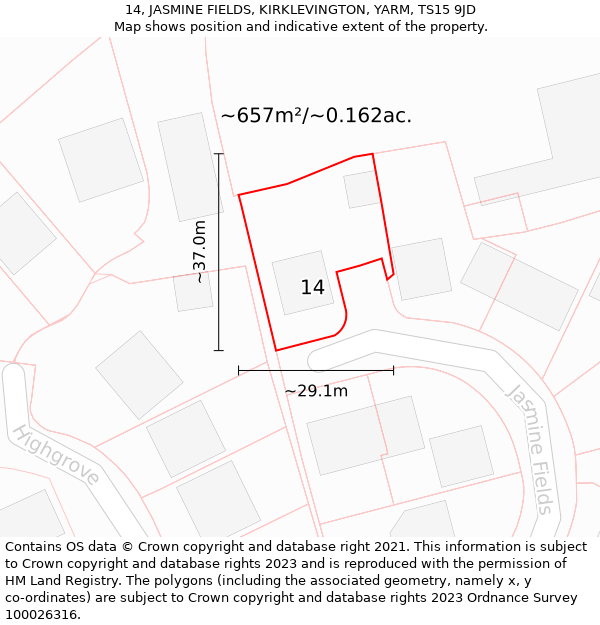 14, JASMINE FIELDS, KIRKLEVINGTON, YARM, TS15 9JD: Plot and title map