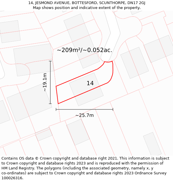 14, JESMOND AVENUE, BOTTESFORD, SCUNTHORPE, DN17 2GJ: Plot and title map