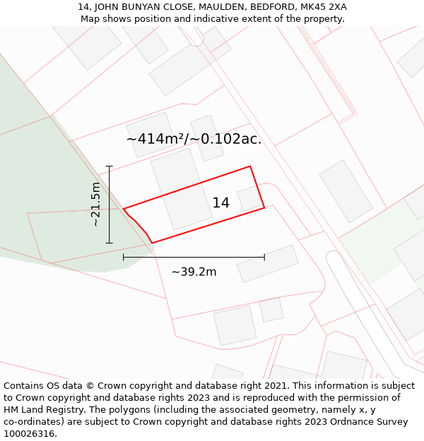 14, JOHN BUNYAN CLOSE, MAULDEN, BEDFORD, MK45 2XA: Plot and title map