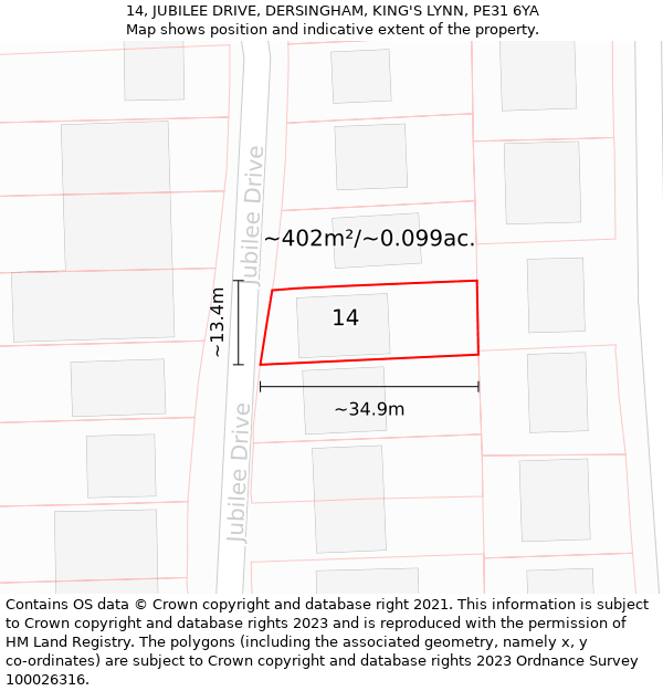 14, JUBILEE DRIVE, DERSINGHAM, KING'S LYNN, PE31 6YA: Plot and title map