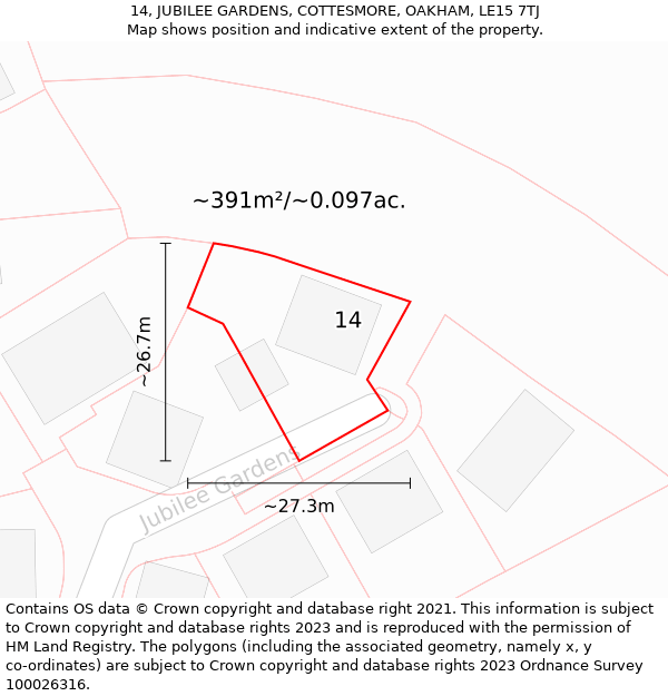 14, JUBILEE GARDENS, COTTESMORE, OAKHAM, LE15 7TJ: Plot and title map