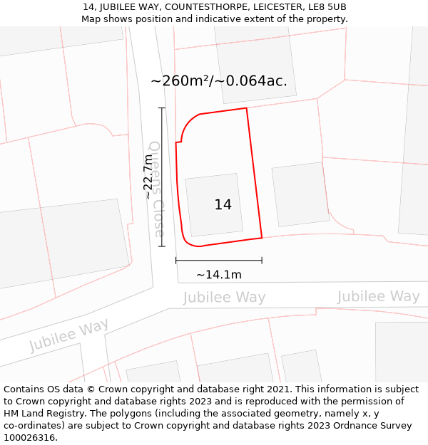 14, JUBILEE WAY, COUNTESTHORPE, LEICESTER, LE8 5UB: Plot and title map