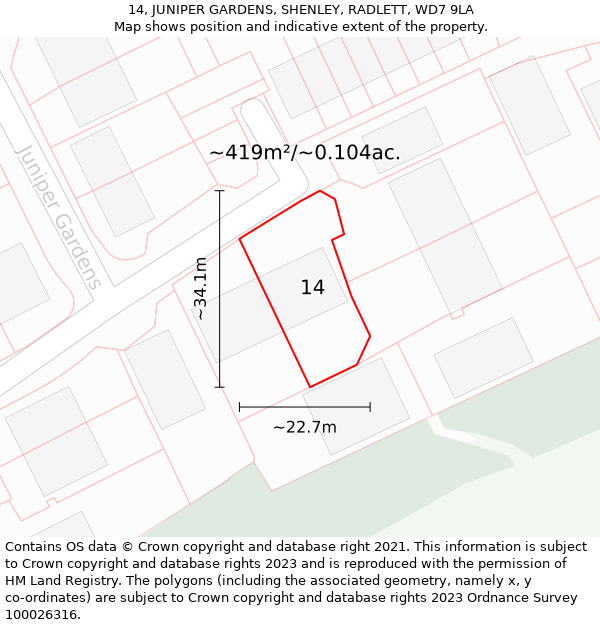 14, JUNIPER GARDENS, SHENLEY, RADLETT, WD7 9LA: Plot and title map