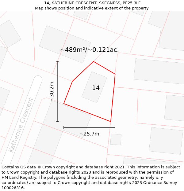 14, KATHERINE CRESCENT, SKEGNESS, PE25 3LF: Plot and title map